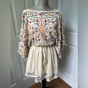 Free People Frida Embroidered Dress in Ivory Boho Drape Sleeve Mini Womens S